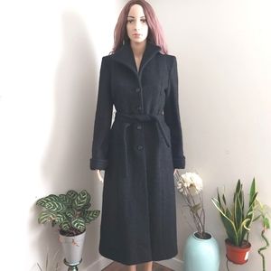 vintage black wool duster trench coat long belted